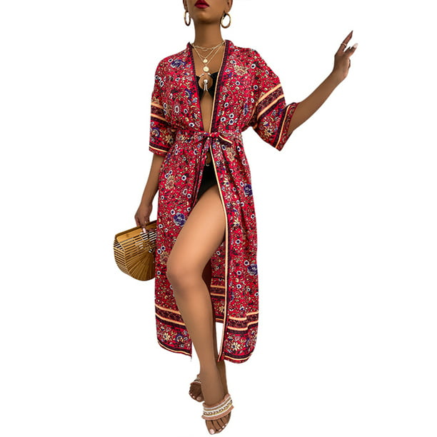 Custom Pattern Flowy Kimono Cardigan Open Front Maxi Dress for Women 